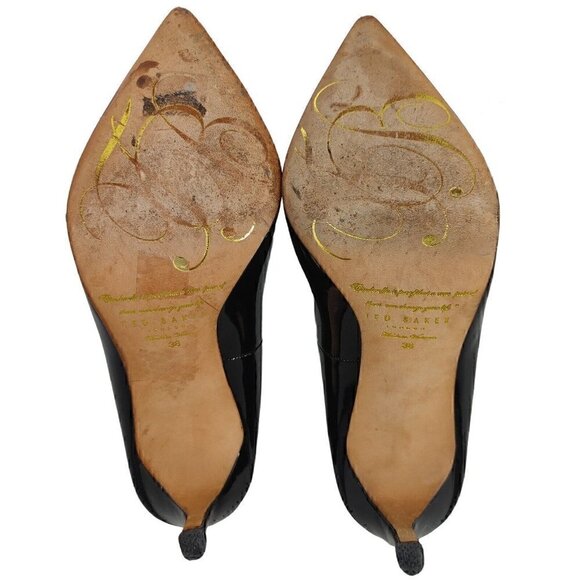 TED BAKER Black Patent Leather Stiletto High Heel Pumps Gold Logo Hardware - Picture 10 of 12